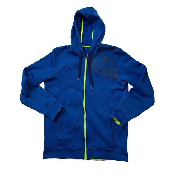 Adidas  Full Zip Hooded Sweatshirt Men's Size Large Royal Blue Neon Yellow Trim - Picture 7 of 11